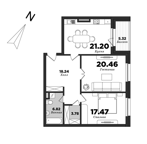 Крестовский De Luxe, Корпус 9, 2 спальни, 90.63 м² | планировка элитных квартир Санкт-Петербурга | М16